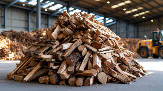Large indoor pile of wooden pallets and scrap timber inside a bright recycling warehouse, organized industrial environment awaiting sorting and recovery