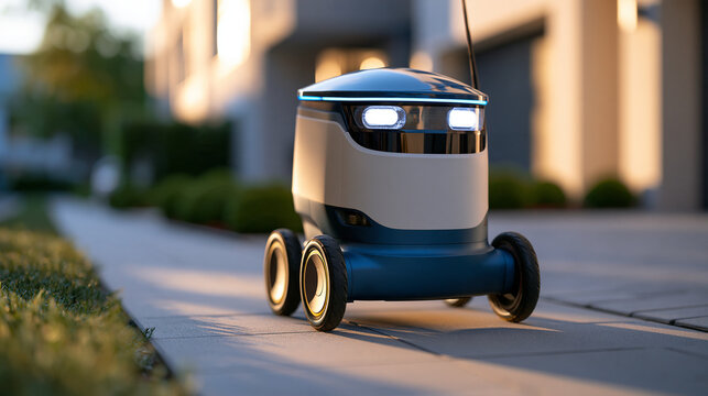 Compact delivery robot on wheels completing a home delivery outside a bright modern residence, soft natural daylight, clean sidewalk and neat landscaping, self-driving courier,