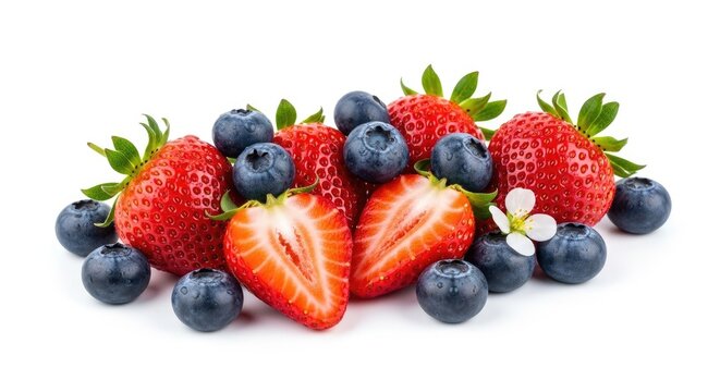 A vibrant collection of fresh strawberries and blueberries rests on a white surface. Several whole strawberries and sliced strawberries are interspersed with plump blueberries.