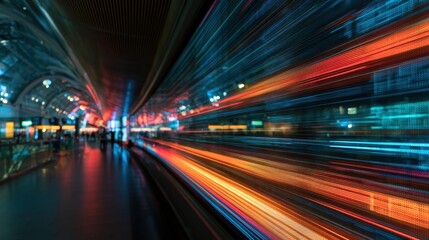 Naklejka premium Blurred motion effect inside modern airport terminal with illuminated curved ceiling and dynamic light trails in vibrant red blue tones