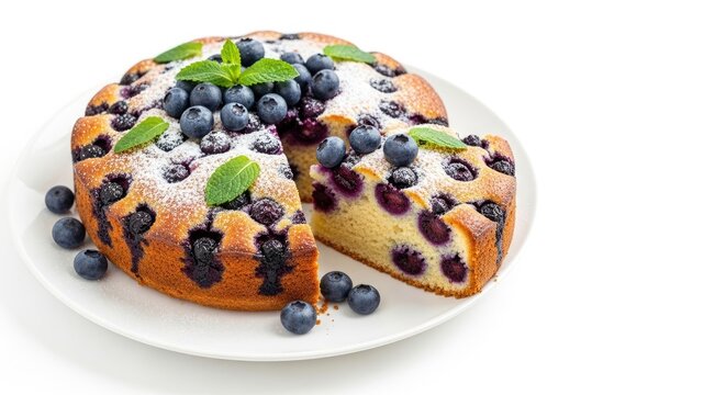 A round blueberry cake sits on a white plate. A slice of the cake is removed, revealing the moist interior.