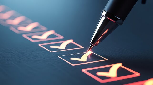 A pen checking off items on a glowing checklist with red illuminated boxes. Excellent for productivity and task management concepts.