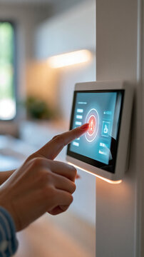 Close-up of a hand touching a smart home security control panel displaying a status alert icon on a glowing screen, bright clean modern setting with soft natural light, minimalist