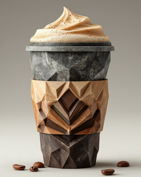 A papercraft beverages figure crafted in geometric origami style of cappuccino smoothie, isolated on white background