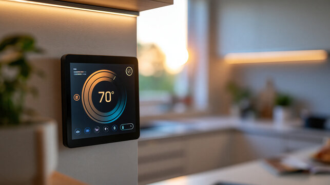 Smart home energy management system display mounted in a bright modern kitchen, soft natural daylight through window, clean cabinetry and minimalist decor, digital interface, home