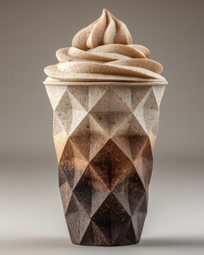 A papercraft beverages figure crafted in geometric origami style of cappuccino smoothie, isolated on white background
