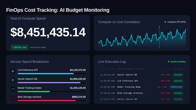 Finops dashboard tracking real time ai compute costs infrastructure spend, for financial operations, cloud resource management, budget monitoring, enterprise data analytics performance