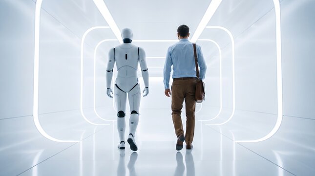 Businessman And Humanoid Robot Walking Together In Futuristic White Corridor