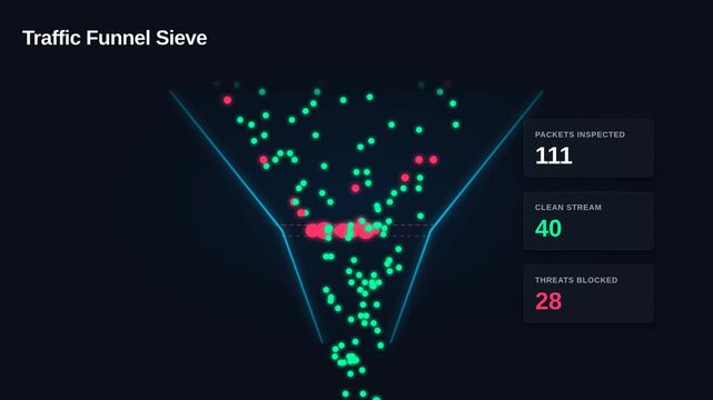 Digital traffic funnel sieve filtering network packets blocking threats, for cybersecurity, data analysis, firewall protection, system monitoring in modern computing