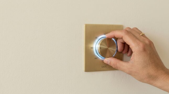 Hand turning rotary dimmer switch to visualize electricity saving by reducing unnecessary power while keeping function