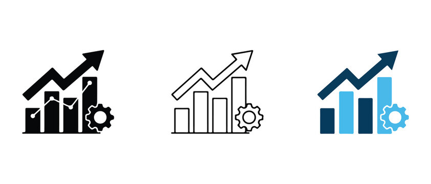 upward trending business growth charts with gear icons representing progress and development