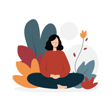 Woman Meditating Outdoors at Sunrise, Flat Design Illustration on White Background