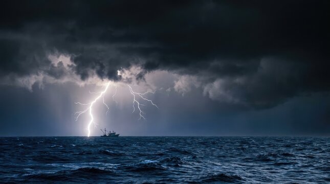 A dark, dramatic image captures a violent thunderstorm over a vast ocean. A small sailboat battles the turbulent waves under a sky filled with dark, ominous clouds.
