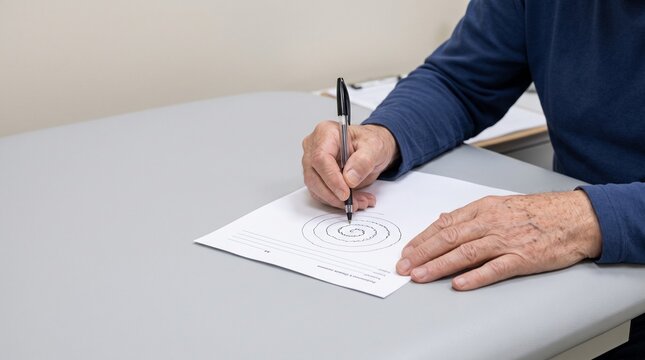 Senior man performing neurological spiral drawing test in clinic