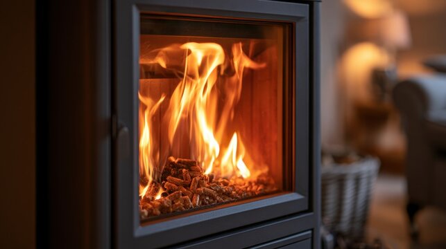 Warm burning fire inside modern wood stove with glowing flames and cozy room background creating inviting atmosphere