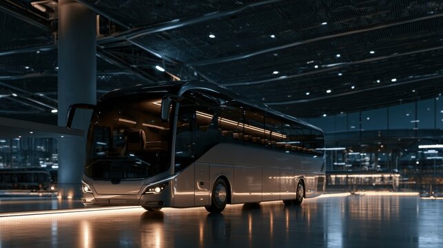 Modern coach bus parked inside large futuristic terminal building with reflective floor and illuminated interior at night