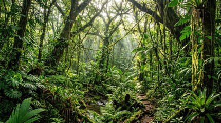 Obraz premium Sunlight filters through a dense, vibrant rainforest canopy. A narrow, winding trail cuts through the lush vegetation, leading deeper into the jungle.