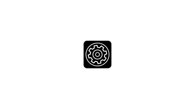 Settings Gear Icon Animation on White Background, Black Rounded Square with White Cogwheel Symbol for Configuration, System Preferences, Software Setup, Technology and Control Concept.