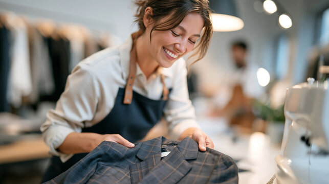 The loose button condition point of a returned blazer leads a close-up three-quarter photograph as one garment rental assistant examines it near a steamer, clearly separated from t