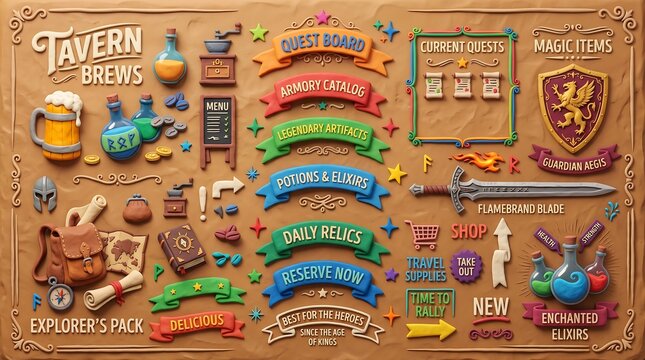 Fantasy RPG game UI elements set, medieval tavern adventure icons and quest board banners, clay style game assets