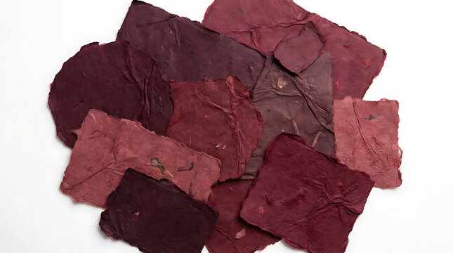Collection of handmade red paper scraps with rough edges on white background