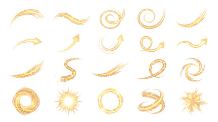 Fototapeta premium Set of gold glitter light effects, glowing sparkles, and magic trails isolated on transparent background