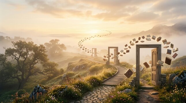 A magical landscape features a winding stone path leading to a weathered wooden door framed by two ornate archways.