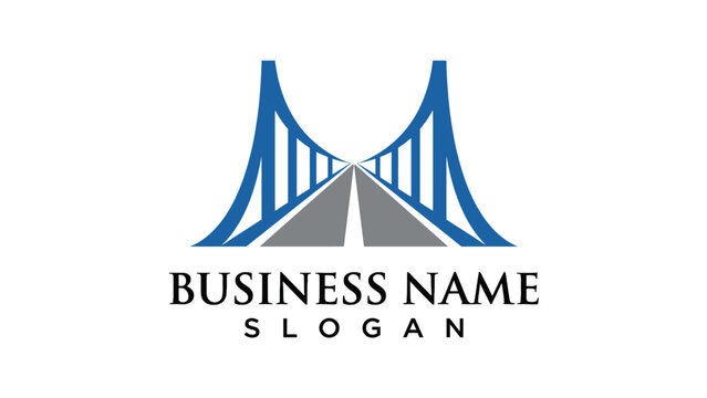 Modern suspension bridge logo design featuring blue structural cables and a minimalist grey road path graphic