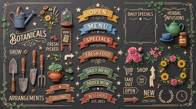 Chalkboard restaurant menu design elements, vintage cafe banner illustrations, rustic garden and botanical chalkboard graphics