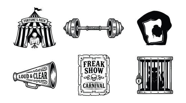 Vintage carnival circus icons set with tent, barbell, acrobat, megaphone and cage