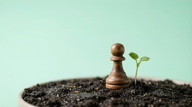 Wooden chess pawn next to a young green plant sprout growing in dark soil
