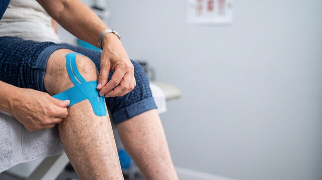 Older woman self-taping knee with therapeutic kinesiology tape for support.