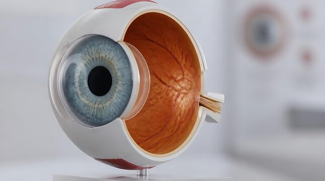 Detailed anatomical eye model showing internal structures and muscles.