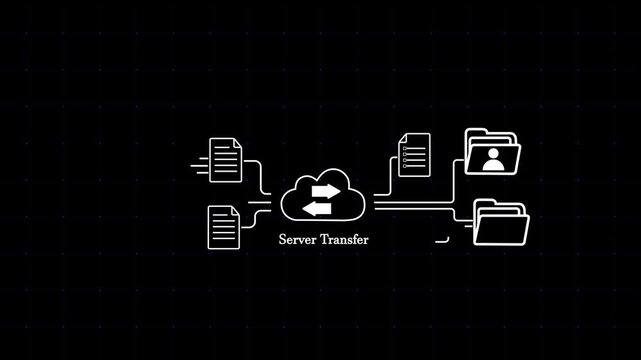 Server Transfer Animation with Cloud Data Exchange, Documents and Folders, File Upload and Download, Digital Data Management, Network Communication and Secure Server Technology on Black Background.