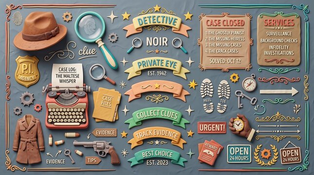 Vintage detective noir design elements, retro private eye investigator illustration set, clay style mystery icons