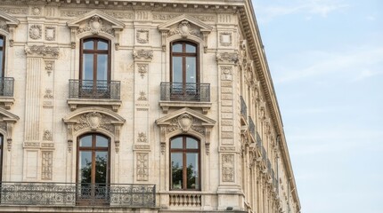 Fototapeta premium A light-colored building with ornate architectural details and multiple windows is captured in a photograph.