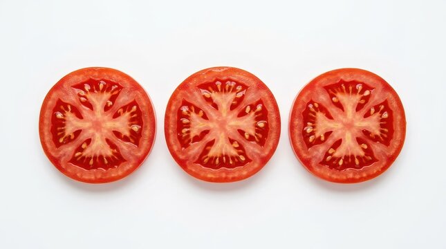 Top view of three ripe red tomato slices isolated on white background, fresh organic vegetable