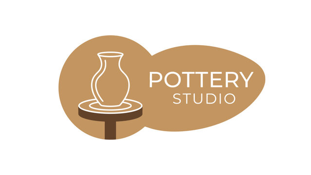 Minimalist pottery studio logo featuring a white ceramic vase outline on a brown elliptical shape