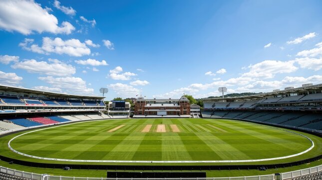 A bright, sunny photograph captures a cricket stadium on a clear day. The expansive green field dominates the foreground, marked with white lines and a central wicket.