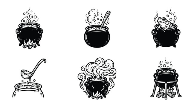 Set of witch cauldrons with potions, steam, fire and frog