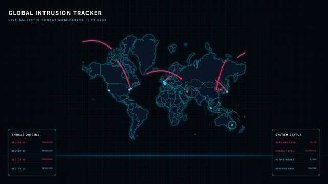 Global intrusion tracker with live ballistic threat monitoring military defense systems, for cybersecurity, digital warfare, global surveillance, tactical operations against cyber attacks