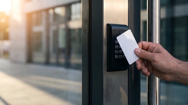 Hand holding white electronic access card to open a glass door using a keypad reader at a modern office entrance for security and workspace management concept