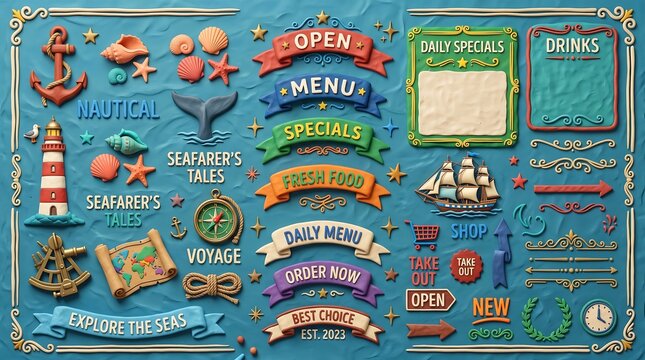 Nautical menu design elements, clay style seafarer restaurant graphics, marine theme menu board templates on blue background