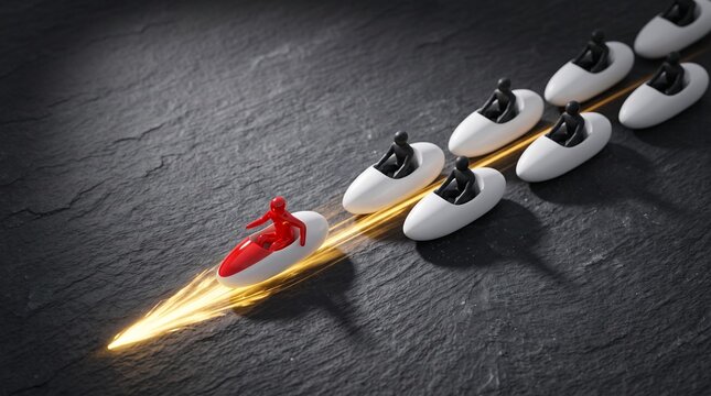 Red toy car racing ahead of white cars on dark background symbolizing leadership