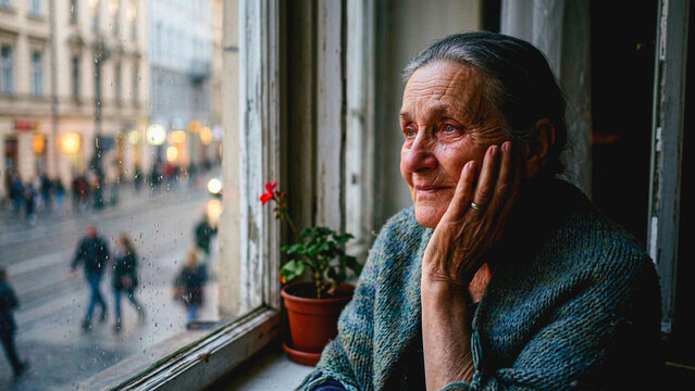Elderly woman looking out of a window at a busy city street with a potted plant on the windowsill