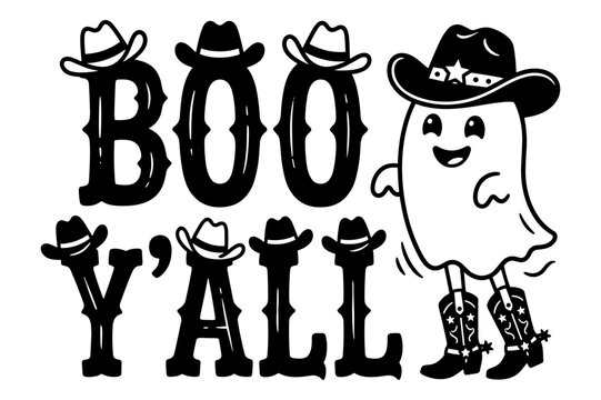 Boo yall cowboy halloween design with ghost wearing cowboy boots.