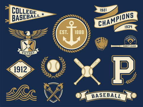 College baseball team badges and vintage pennant collection featuring eagle mascot and baseball icons for varsity sports branding and apparel graphic design projects in a rustic vector style