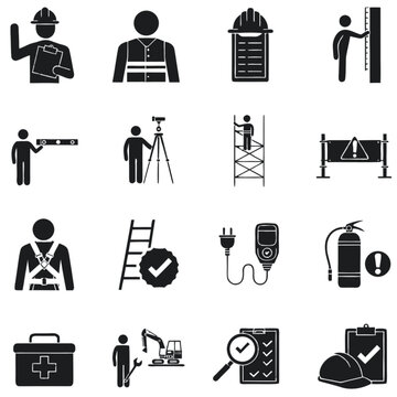 Construction site safety icons present various industrial occupation symbols.