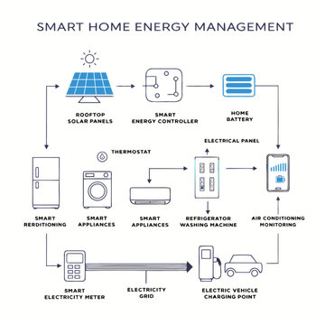 Smart home energy management diagram displays sustainable technology options.