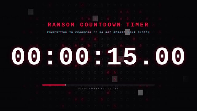 Ransom countdown timer with digital encryption progress, for cyber attack, malware threat, system security breach, data extortion, urgent software emergency